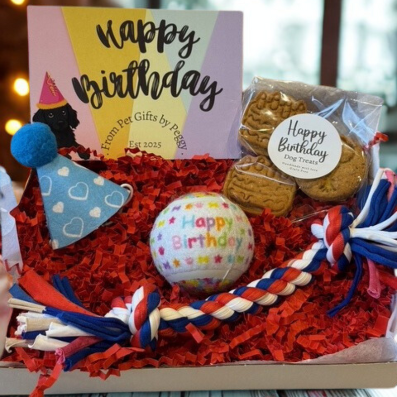 Dog birthday gift set with toys, treats, and a card by Pet Gifts by Peggy