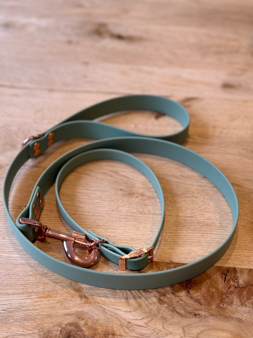Green dog leash with rose gold hardware on a wooden surface
