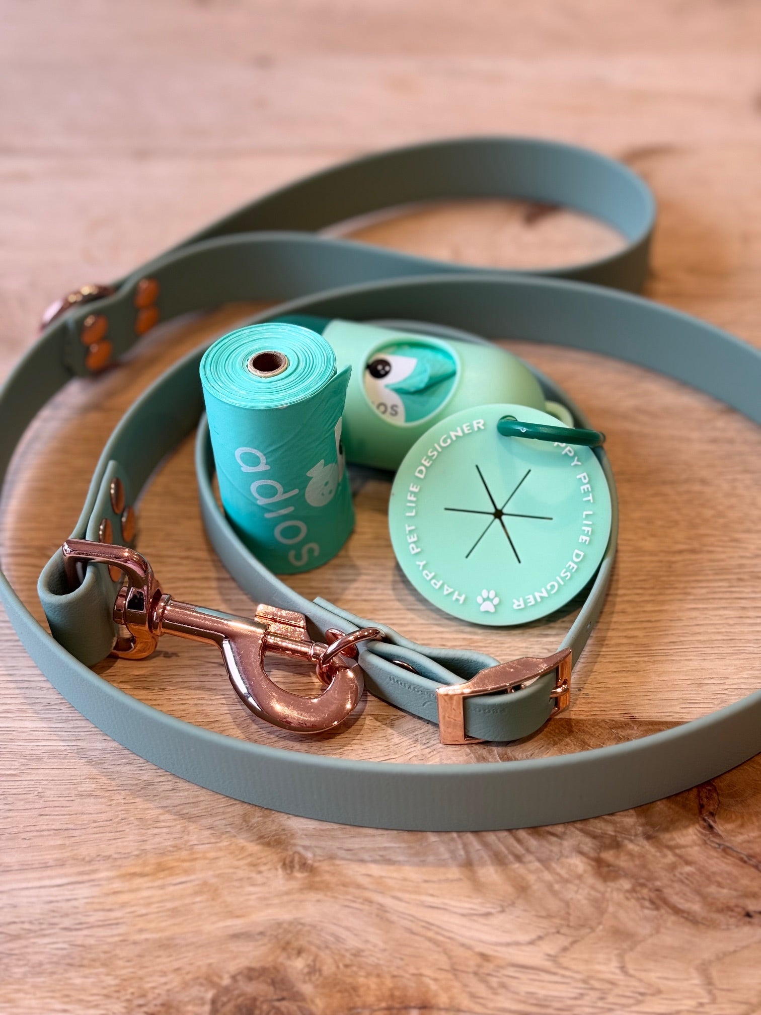 Dog leash with rose gold clasp and green accessories on a wooden surface