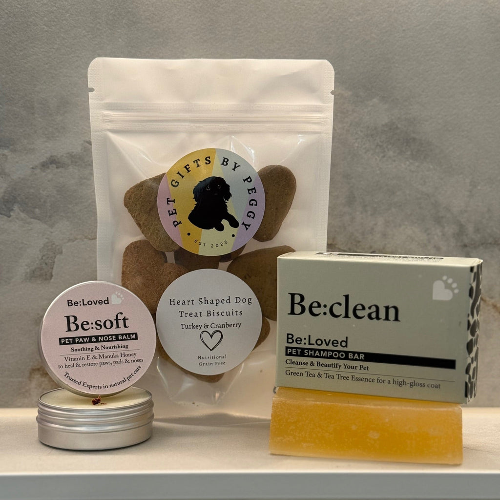 Dog treats, dog shampoo bar and nose balm in a bathroom